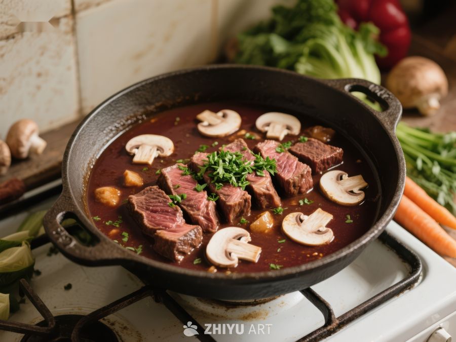 铸铁锅中的牛肉蘑菇炖菜 887