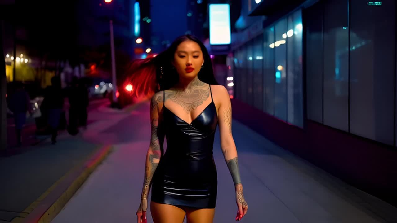 一位身穿黑色低胸紧身皮裙的亚裔女性走在夜晚的街道上