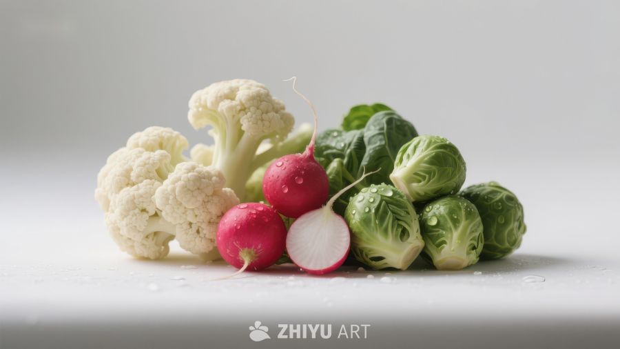 新鲜蔬菜组合：花椰菜、樱桃萝卜和布鲁塞尔芽
