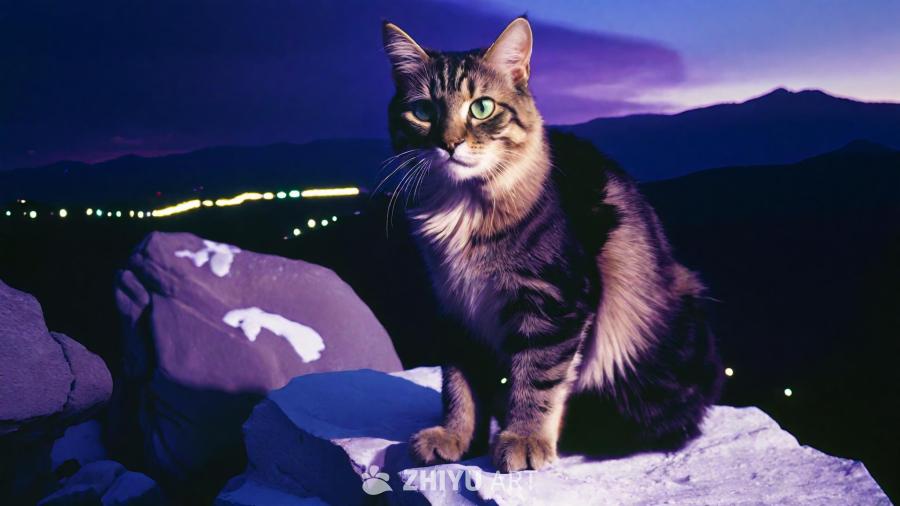 一只蓬松的猫站在雪白的岩石露头上，它有着绿色的眼睛