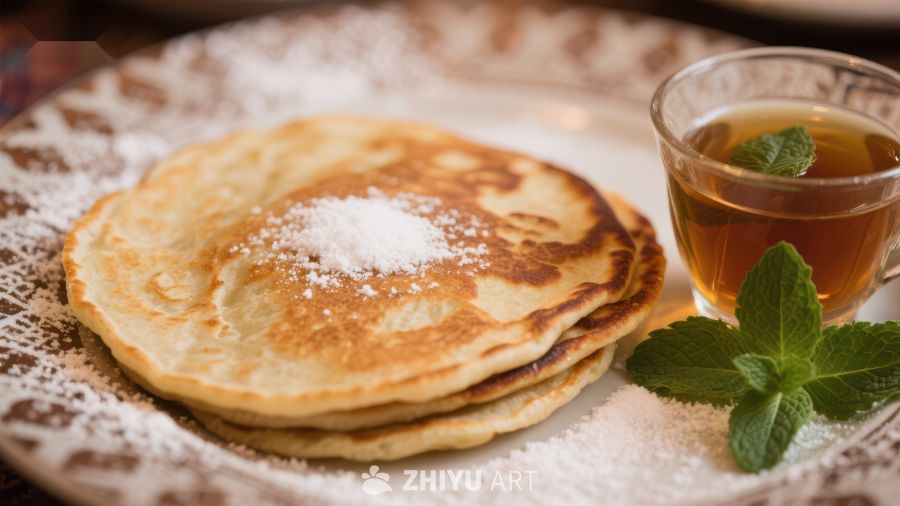 松饼配茶，撒上糖粉