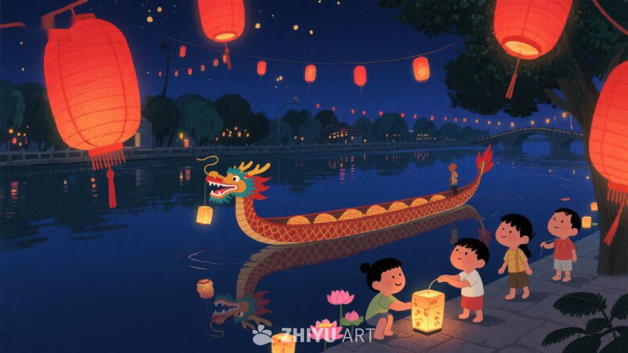 夜景龙舟与孩童欢庆 418