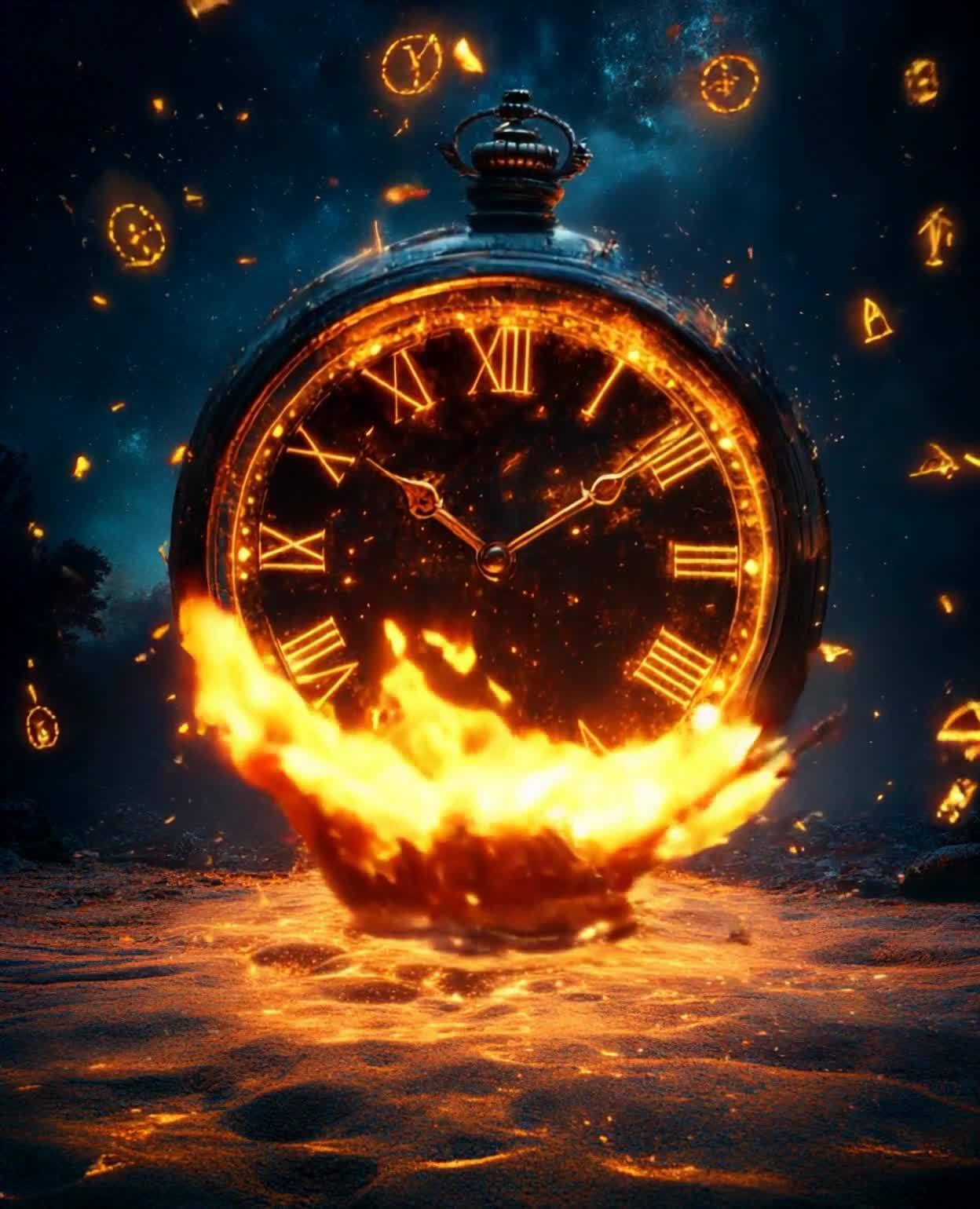 一个巨大的怀表悬挂在夜空中。怀表的表面是黑色的，表