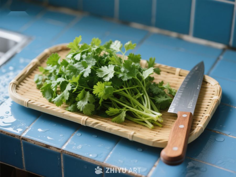 新鲜香菜置于竹制砧板上 547