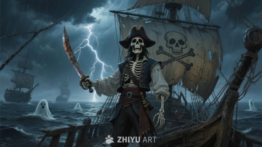 骷髅海盗在暴风雨中航行