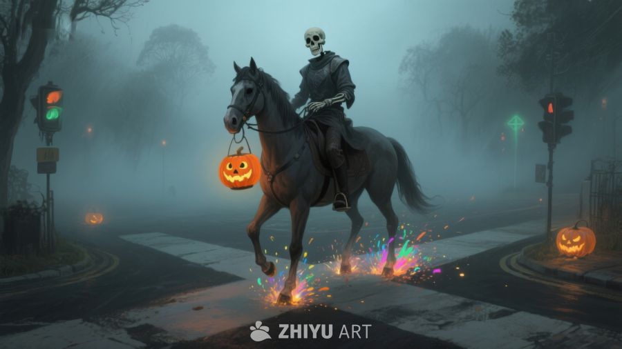 幽灵骑士夜行，南瓜灯照亮迷雾街道