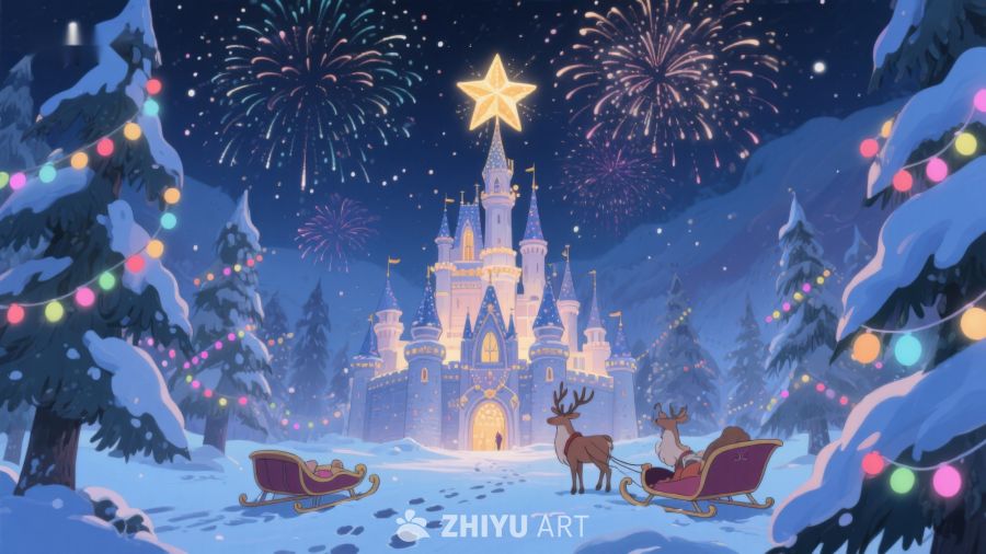 冬夜城堡烟花与驯鹿雪橇 41