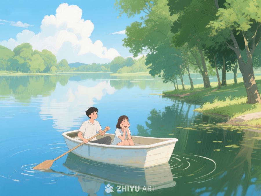 湖上划船的两人 298
