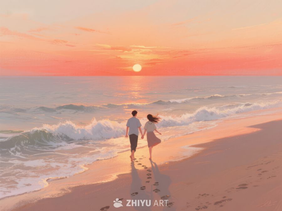 海滩日落，两人漫步 264