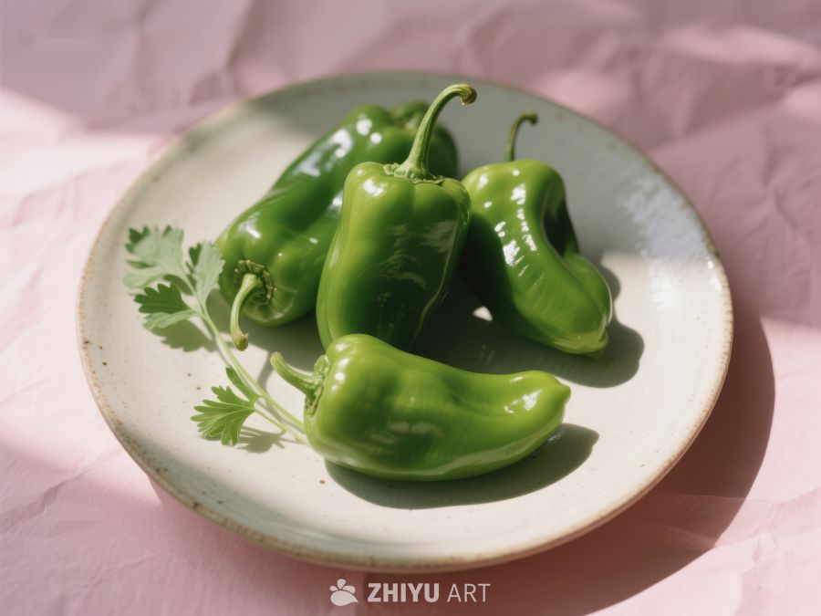 青椒与香菜置于盘中 345