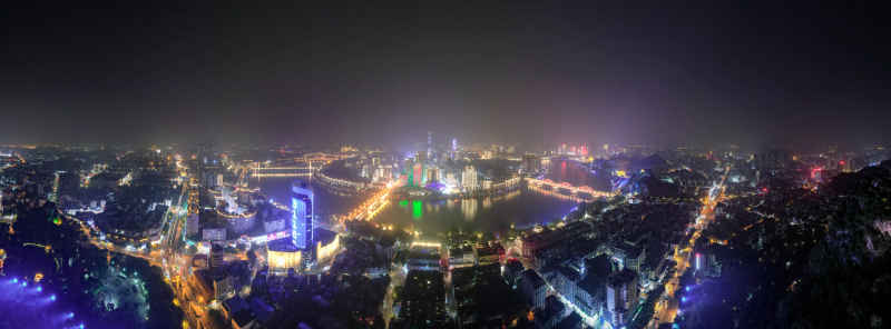 广西柳州城市夜景灯光航拍全景图 
