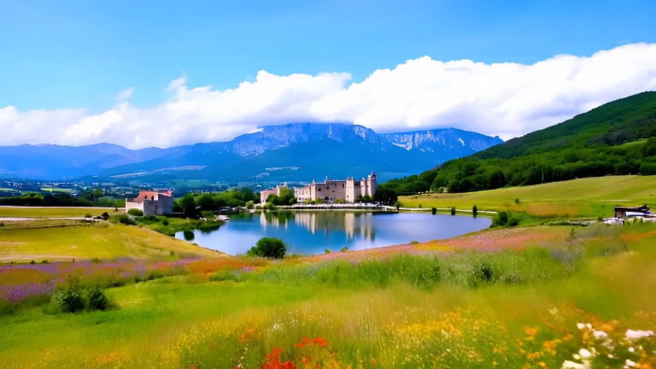 高耸的山脉作为背景，前景是遍布野花的草地，一座湖泊