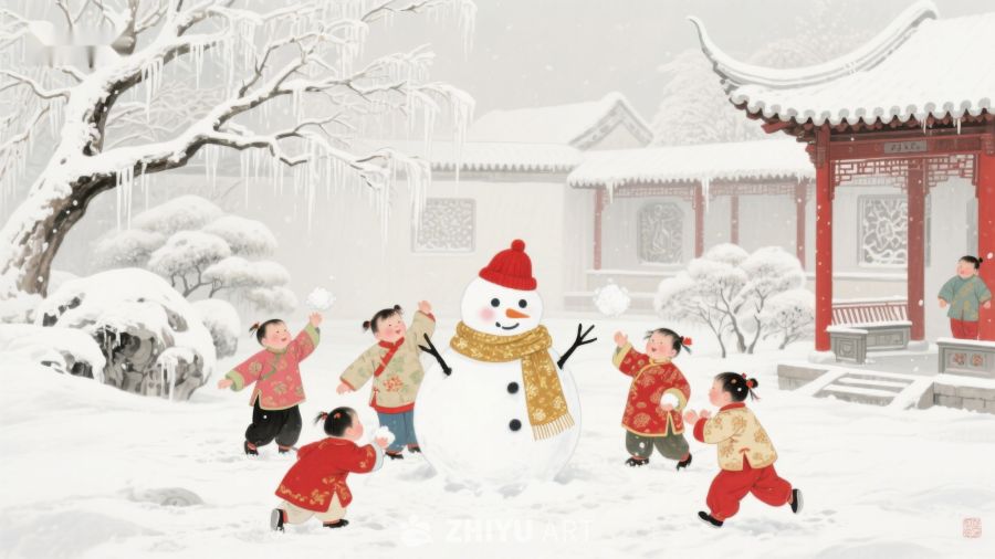 雪中嬉戏，童趣堆雪人 1157
