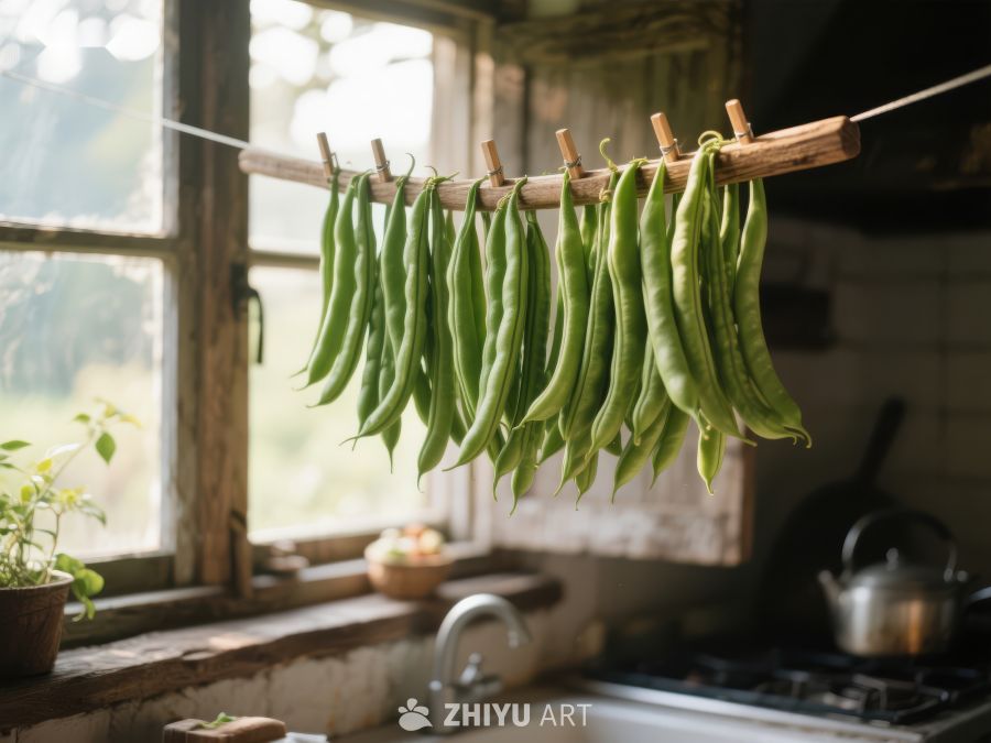 厨房窗边晾晒的绿色豆角 70