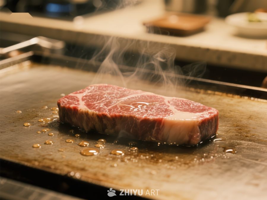 热煎牛排，蒸汽升腾