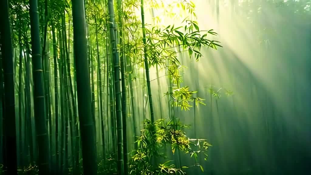茂密的竹林，晨光穿透雾气，光线照射在竹子上。