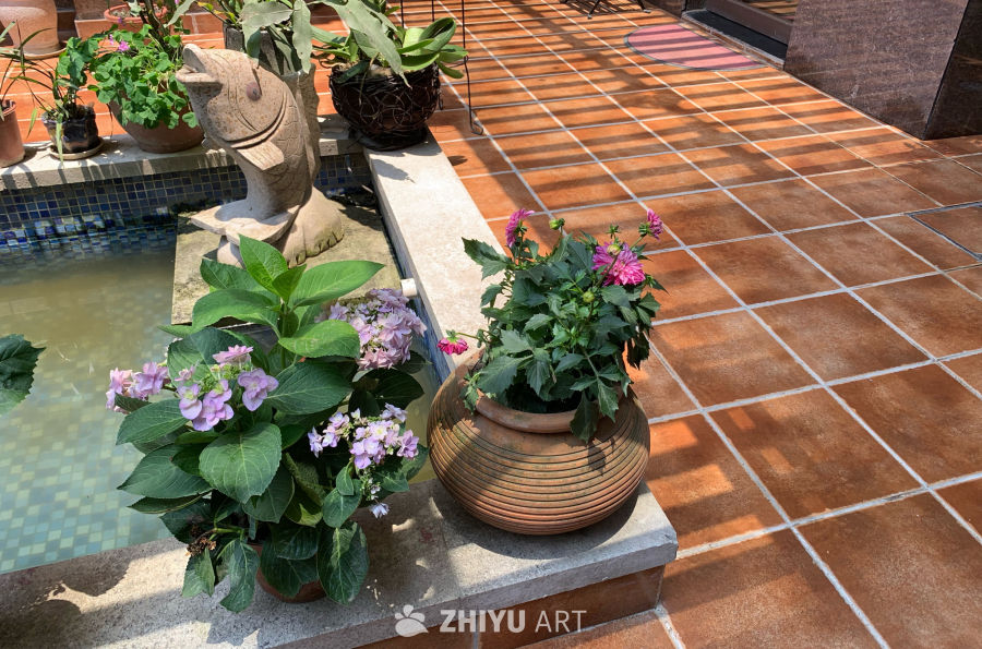 庭院花坛与鱼形雕塑