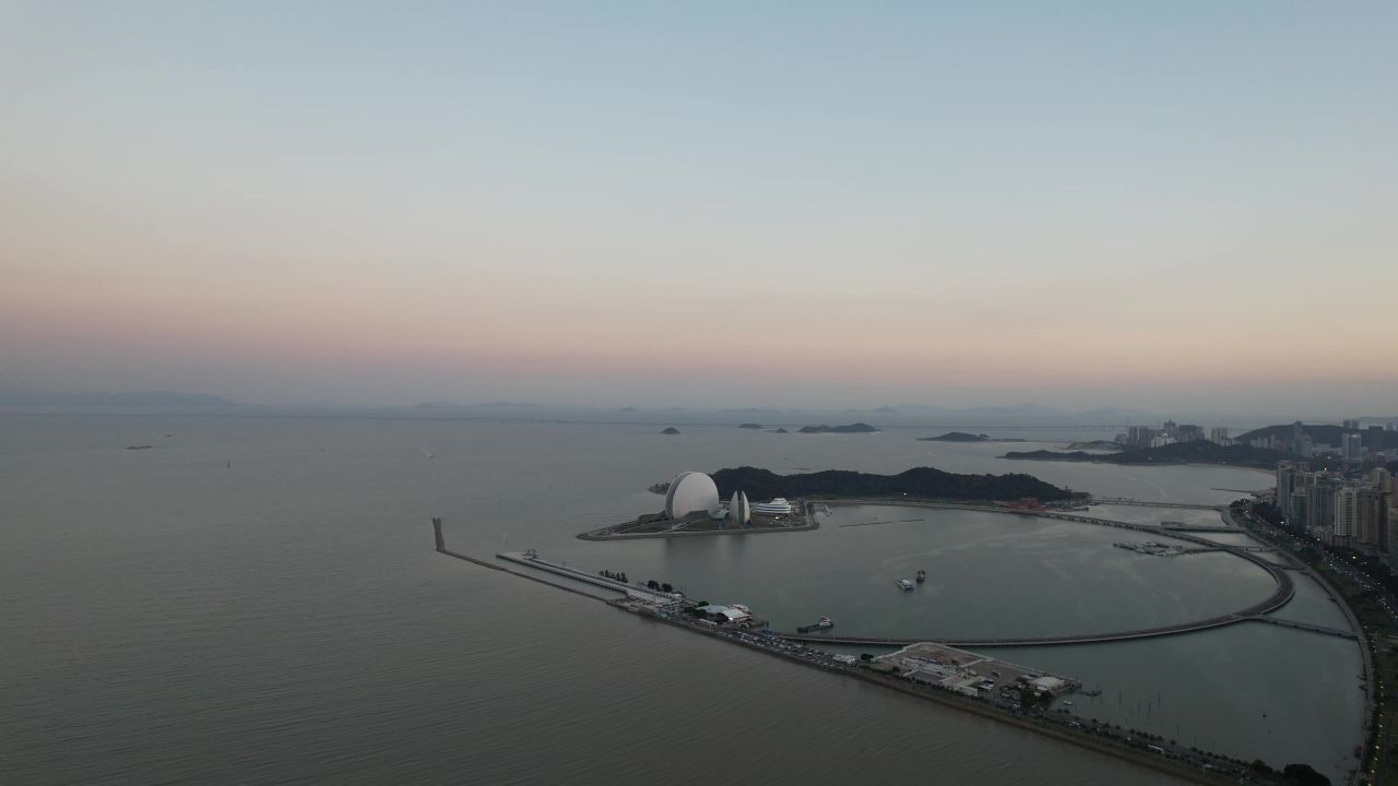 广东珠海城市晚霞夜幕降临航拍
