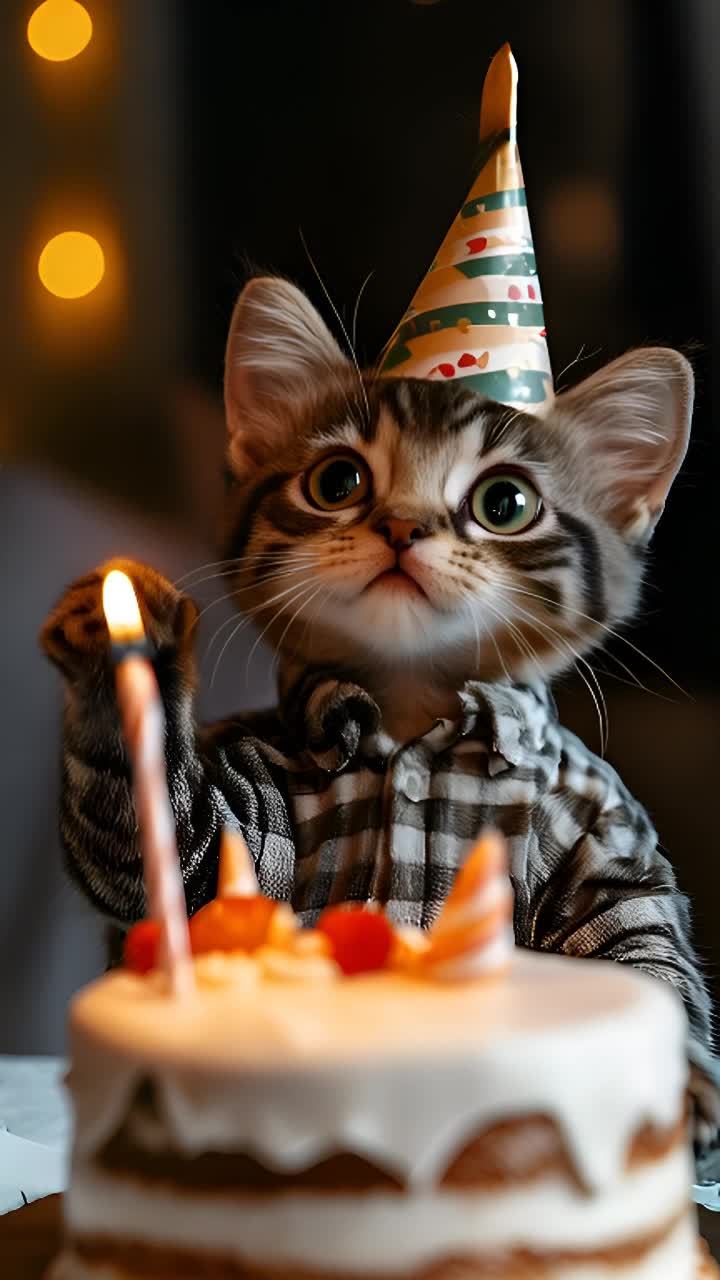 一只戴着彩色条纹派对帽的小猫咪坐在桌子前，桌子上摆放着一个装饰精美的生日蛋糕。小猫咪穿着一件格子衬衫，毛茸茸的耳朵竖起，眼睛睁得大大的，嘴巴微张，似乎对眼前的一切感到惊讶。它的爪子轻轻触碰着点燃的蜡烛，火焰跳动着，发出温暖的光芒。背景是昏暗的房间，灯光柔和地洒在小猫咪身上，营造出一种温馨而神秘的氛围。