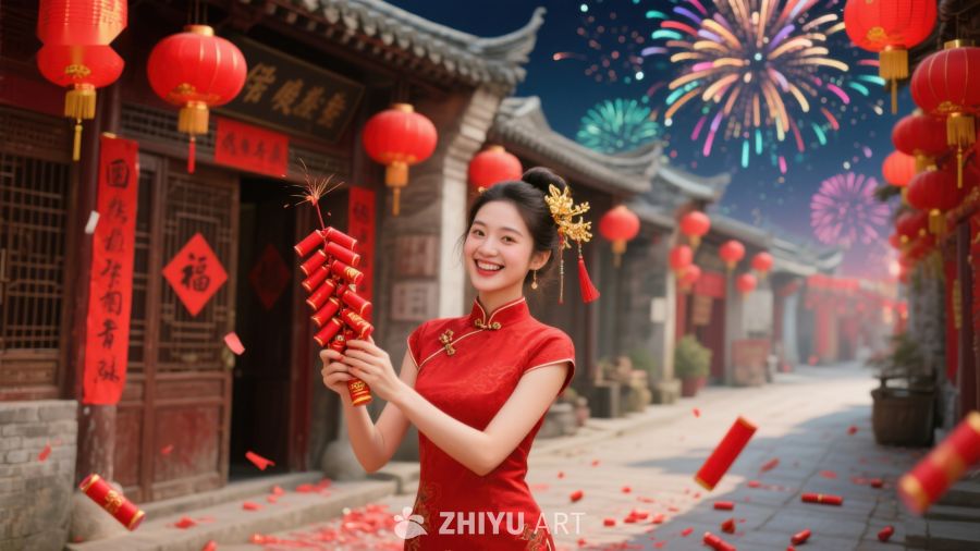 女子手持鞭炮庆祝春节 718