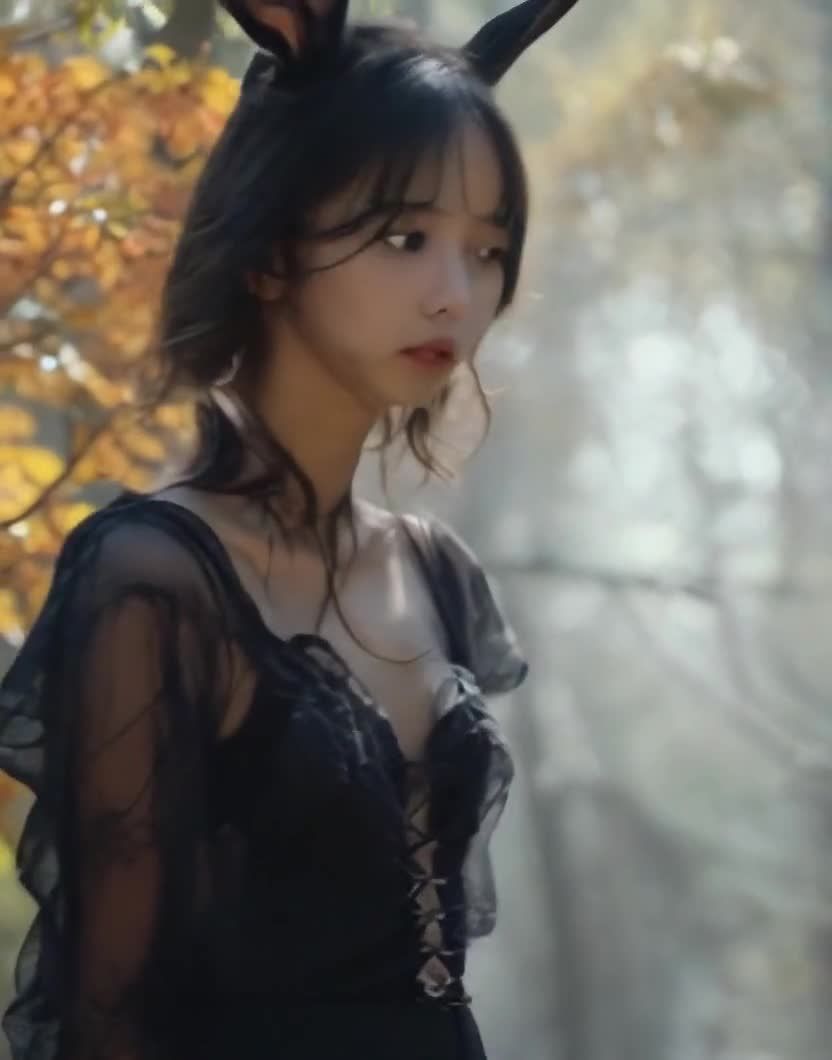 戴兔耳的东方女性，在森林里的写真照。