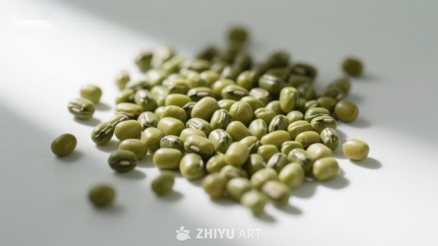 绿色豆子散落桌面