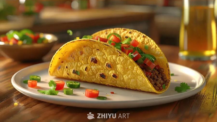 餐盘上摆放着一个动画墨西哥卷饼，卷饼里夹着肉末、番
