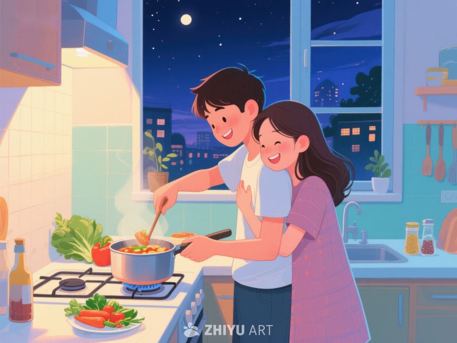 夜晚厨房里的温馨烹饪时光 1089