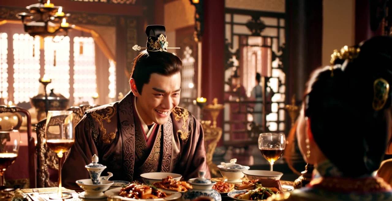 古代宫殿夜宴：华服男子把酒言欢，美食佳肴满桌