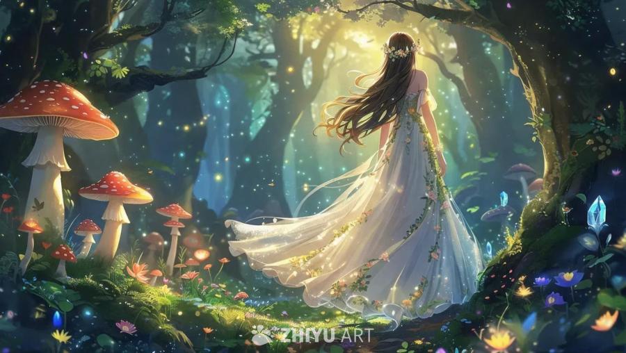 魔法森林里，一位动画风格的土系女巫背对着观众。她穿