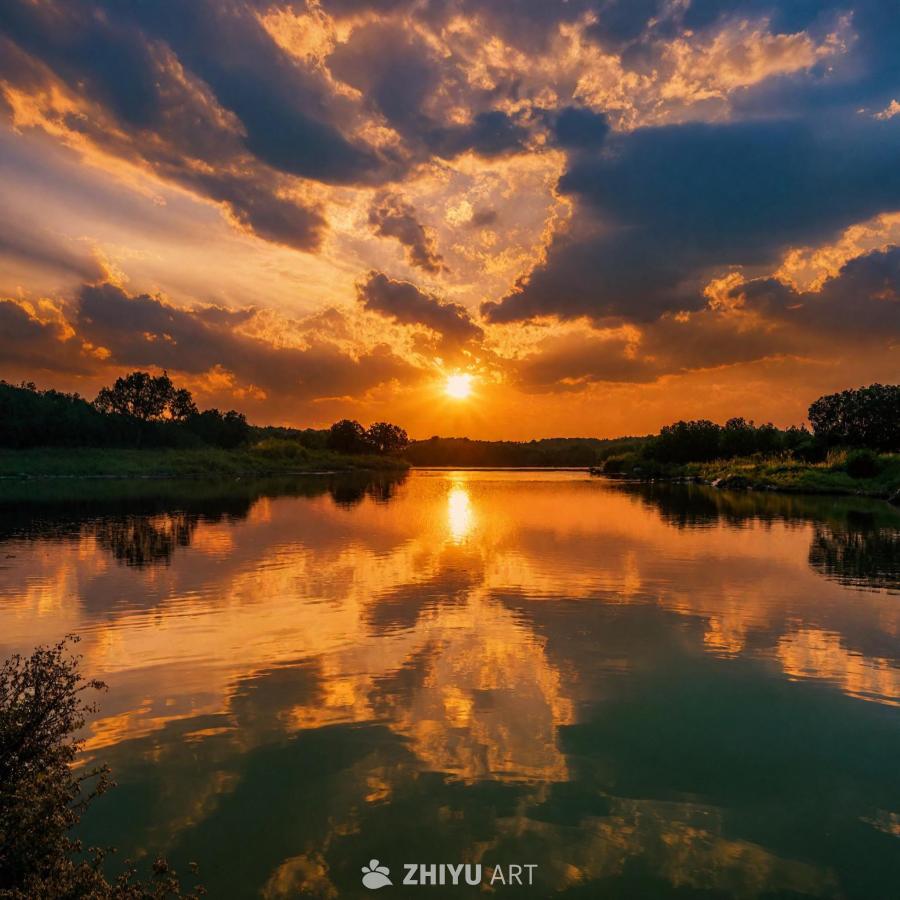 水面平静，倒映着天空中的云彩和夕阳，天空布满云朵，