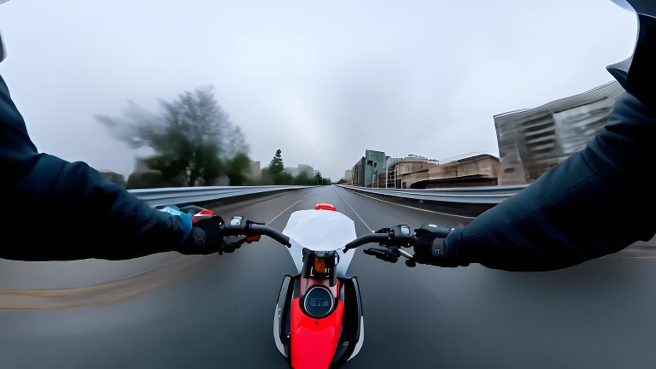 雨天，一辆摩托车行驶在道路上，驾驶员双手握住车把，