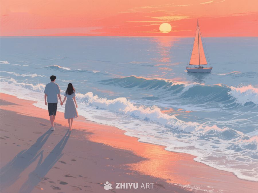 海滩日落，情侣漫步 286