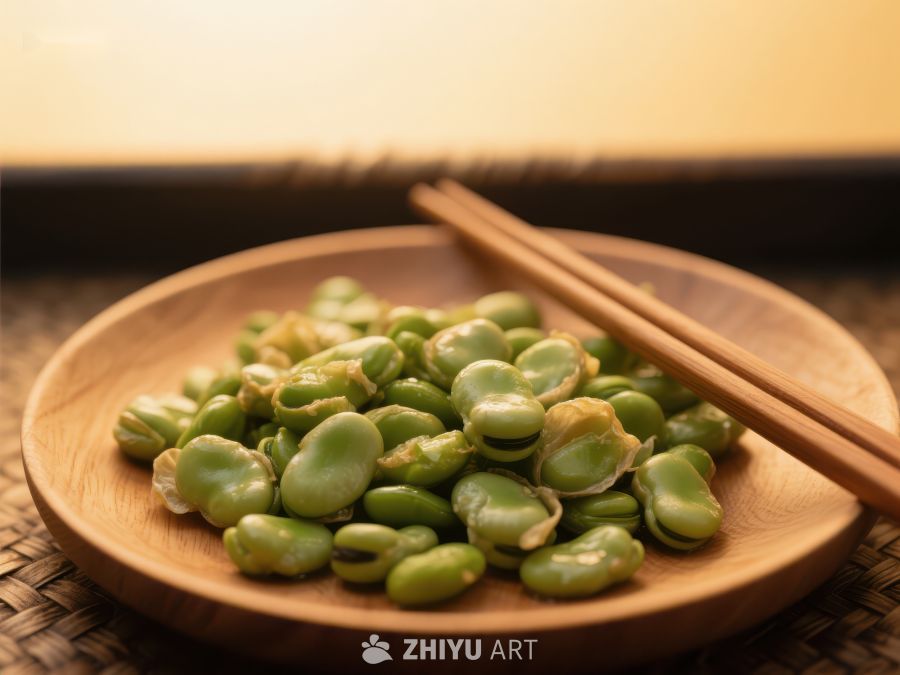 新鲜蚕豆配筷子，置于木质盘中 1082