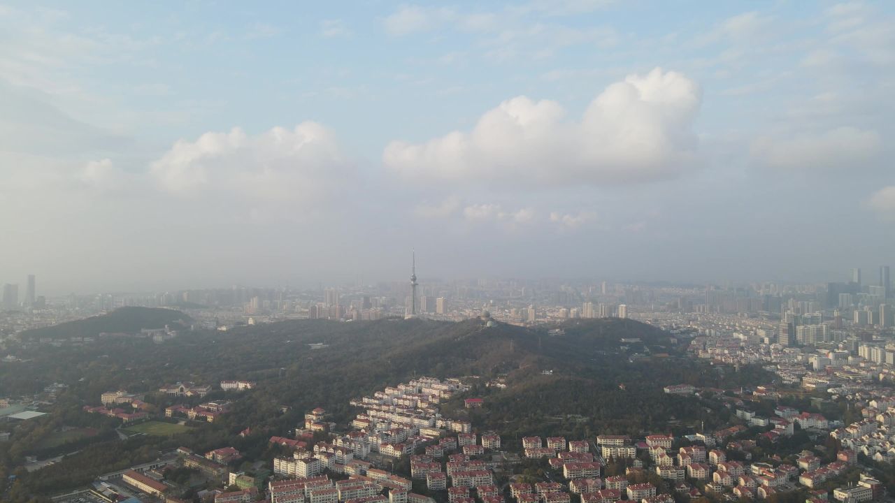 航拍山东青岛海天中心海岸线 