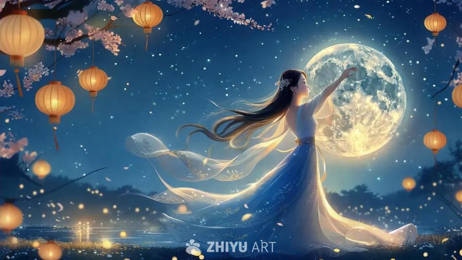 宁静的中秋之夜，一位美丽的女子在明亮的满月下翩翩起