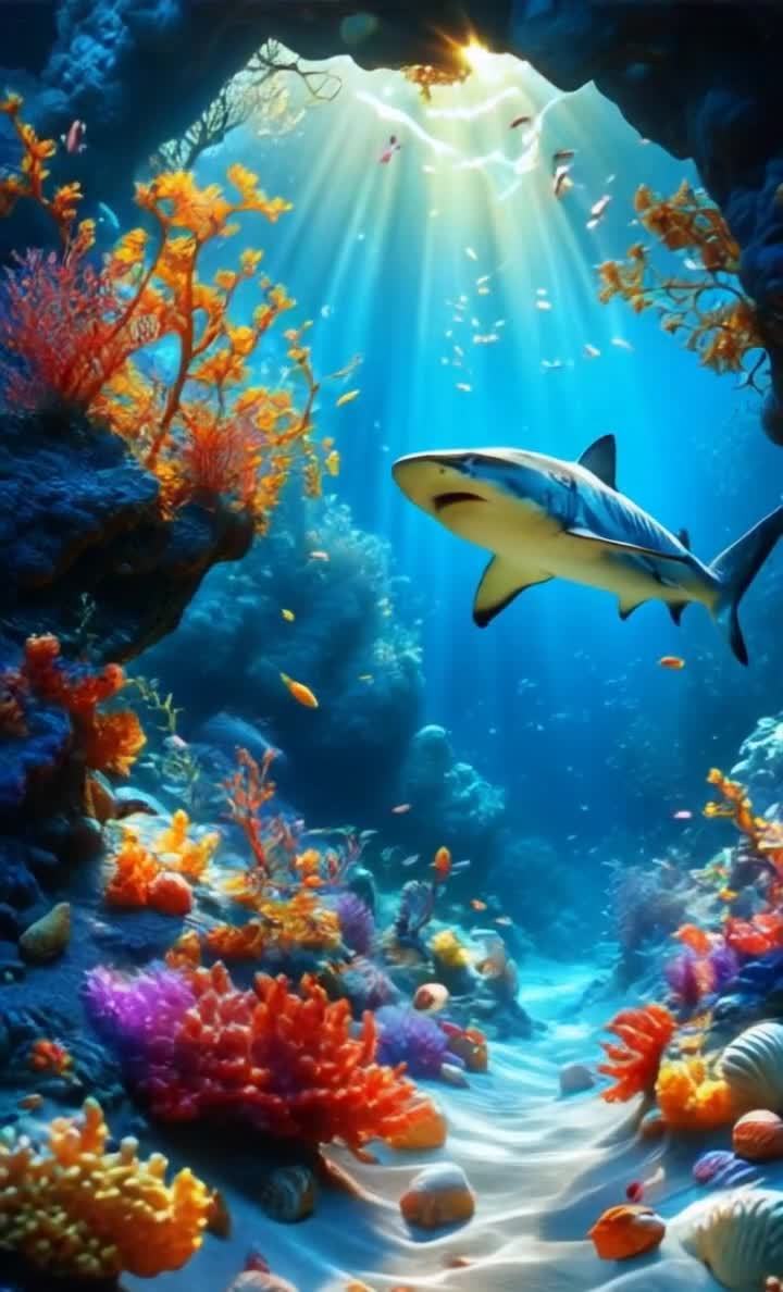 阳光穿透海水，鲨鱼珊瑚礁海底世界