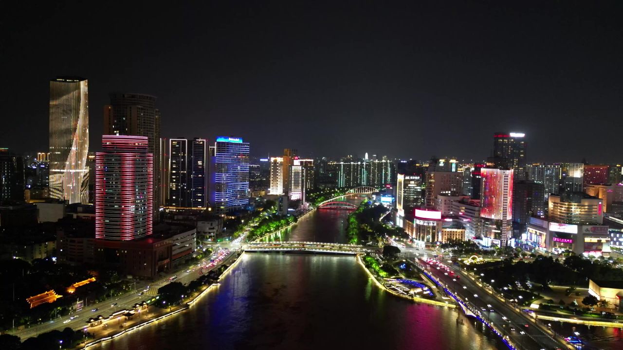 航拍浙江宁波城市夜景奉化江江夏桥