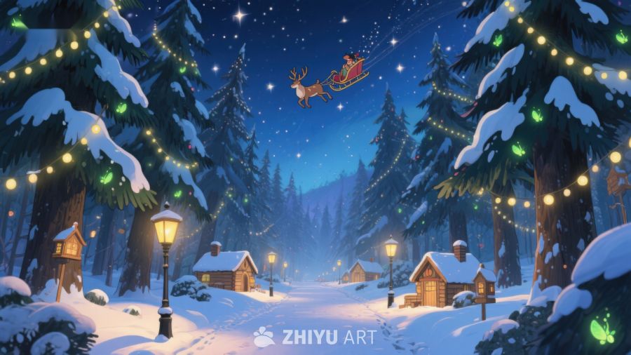 冬夜雪林中的圣诞飞橇 132