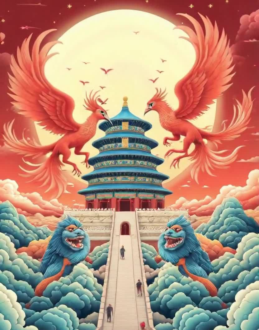 一座蓝色的中国古建筑矗立在画面中央，建筑的顶端有一