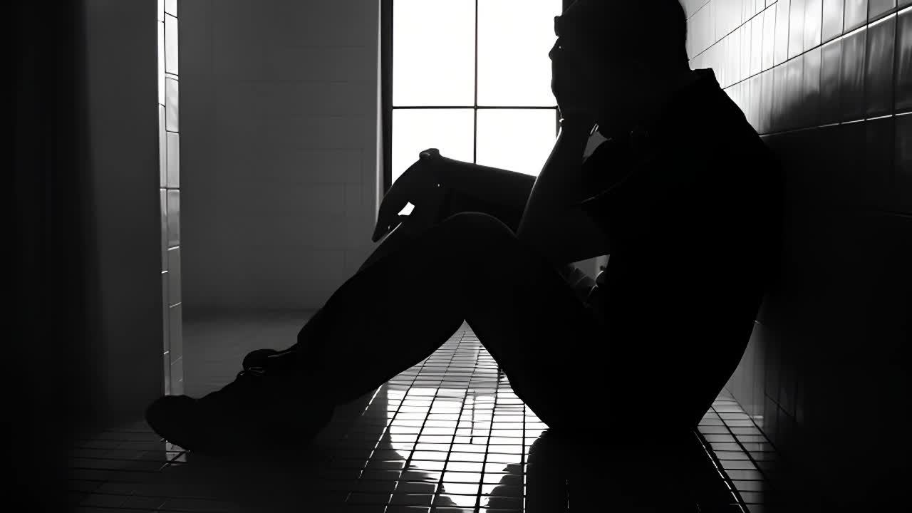 一个人坐在铺瓷砖的房间里，手放在头上，靠着墙。房间
