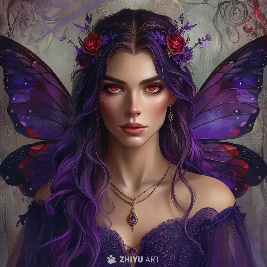 一个有着红色眼珠和紫色头发的女性，她佩戴着红色的花