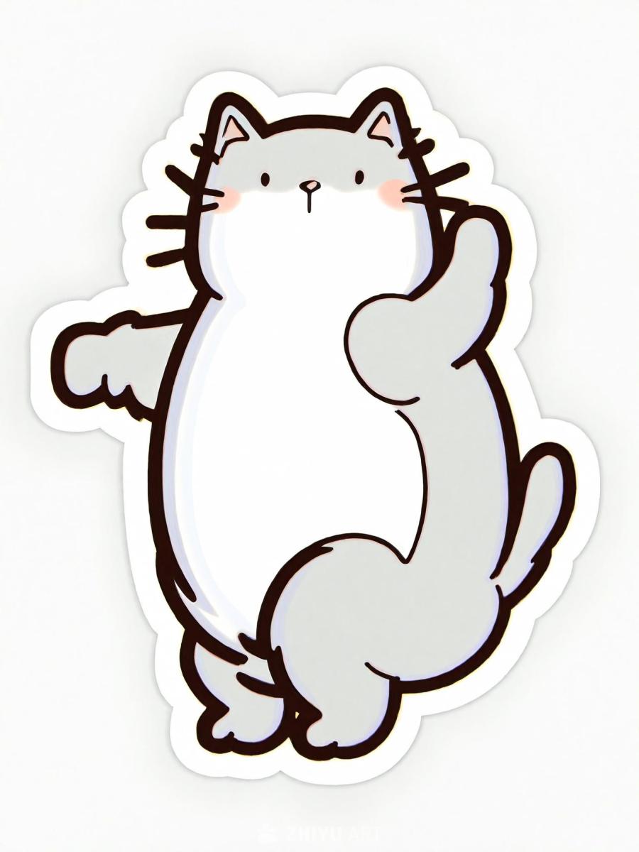 一个卡通风格的猫的贴纸，猫的身体是白色的，头部和尾