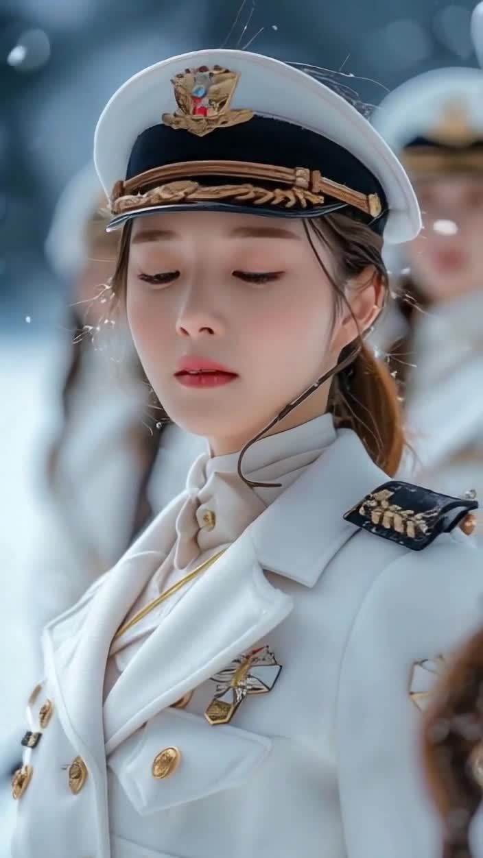 雪中海军女兵白色制服眨眼特写