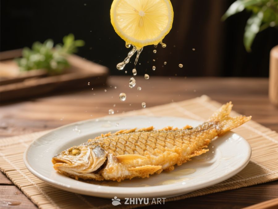 柠檬汁滴落煎鱼，美味瞬间