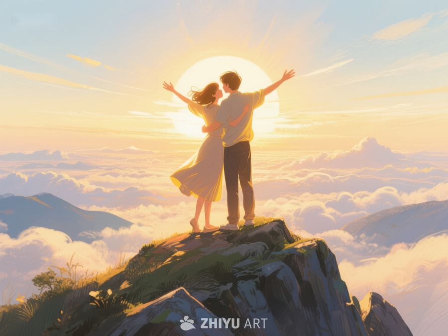 山顶情侣拥抱，迎接日出 624