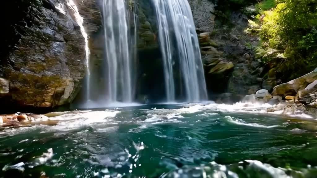 瀑布从雄伟的山洞中倾泻而下，形成清澈透明山泉。阳光