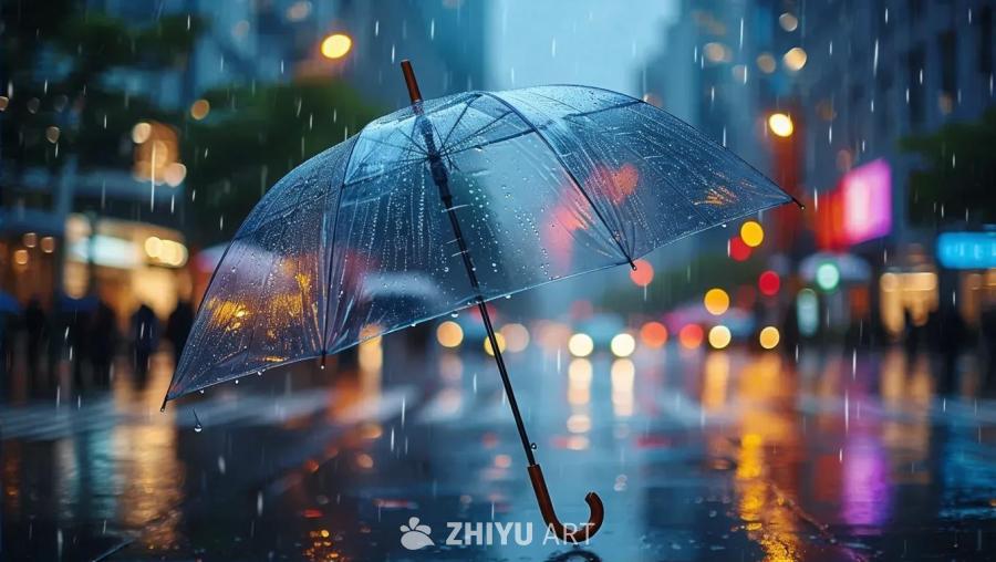 一把时尚的半透明雨伞在奇特的暴雨中撑开，鲜艳的色彩