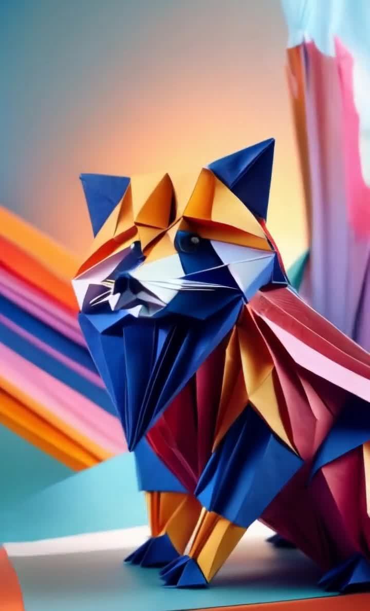 彩纸折纸卡通浣熊，背景抽象彩色条纹。