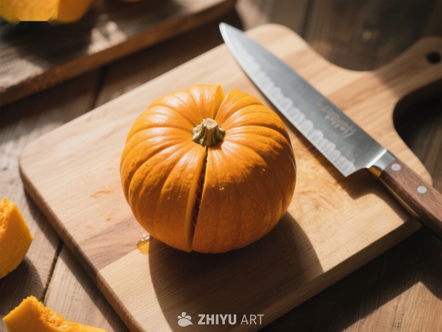 切开的小南瓜置于砧板上 279